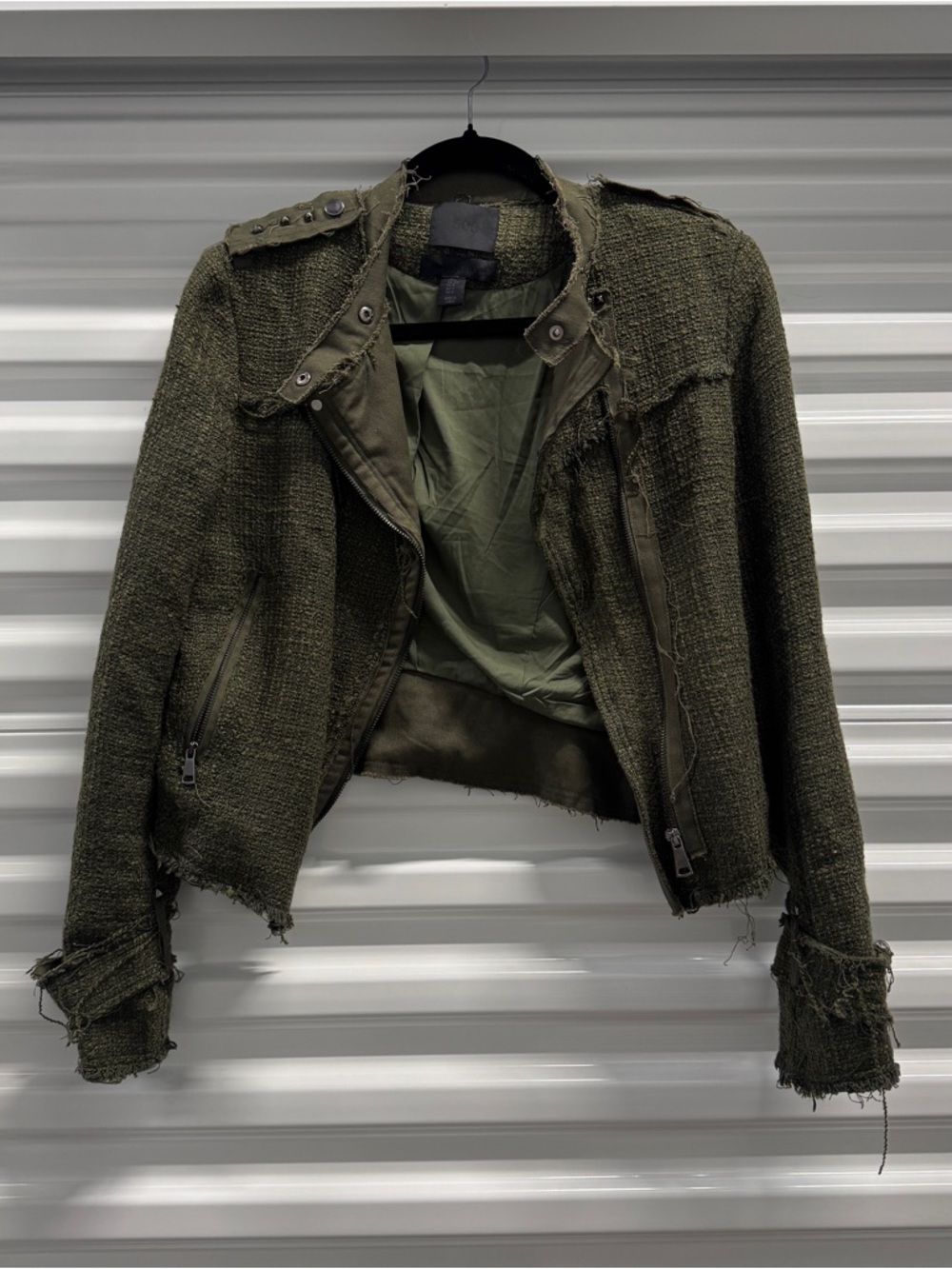 Distressed Olive Green Women's Tweed Moto Jacket